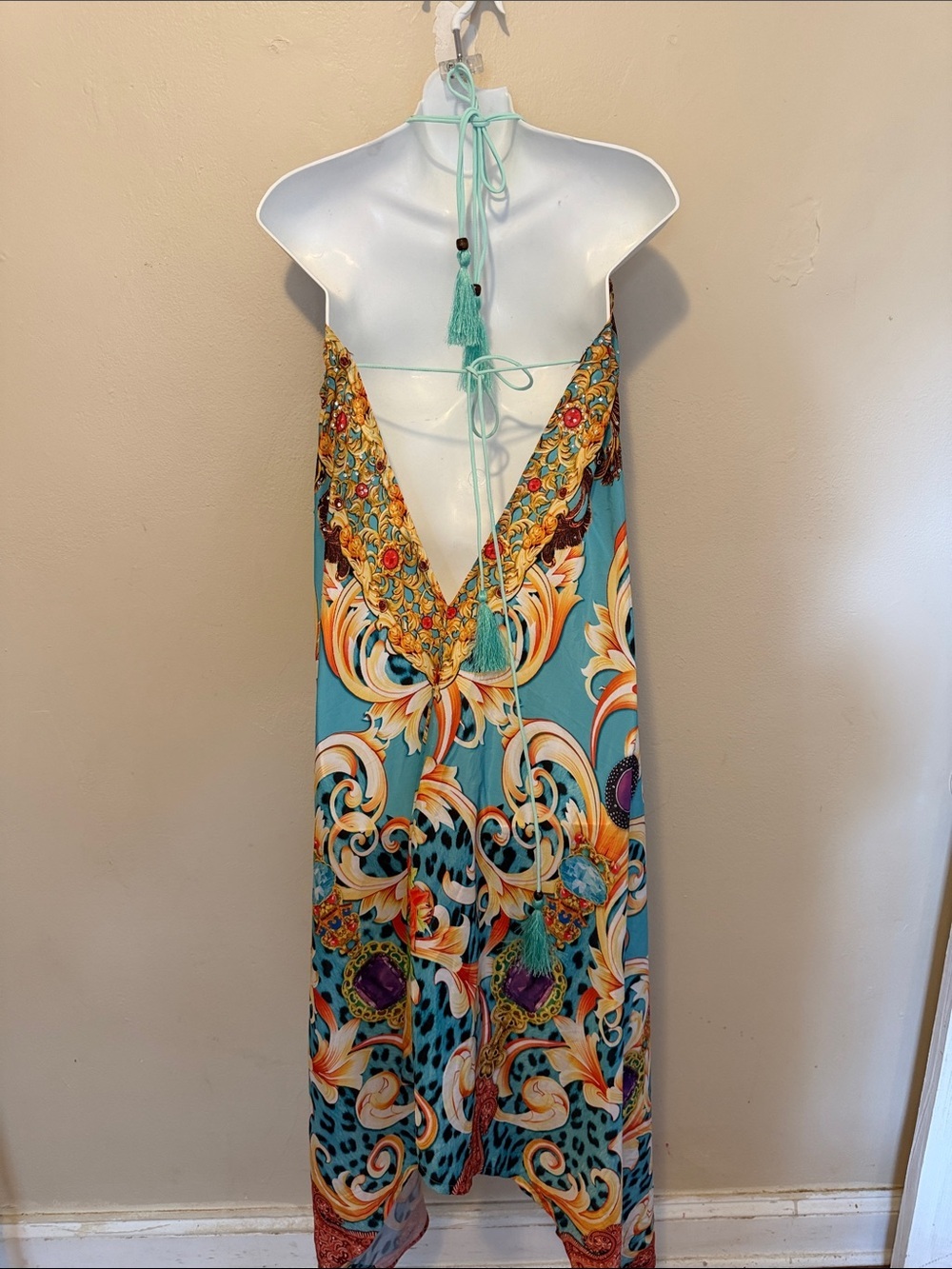 Teal Halter Maxi Dress with Ornate Gold Accents - Picture 2 of 3